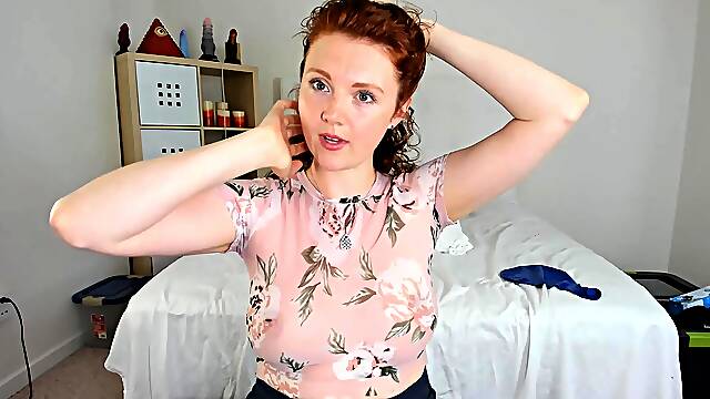 Teasing redhead milf with glasses and huge boobs sucks cock