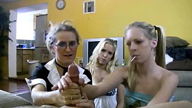 Mom Sara James and teen Julia jacks off her BFs cock when
