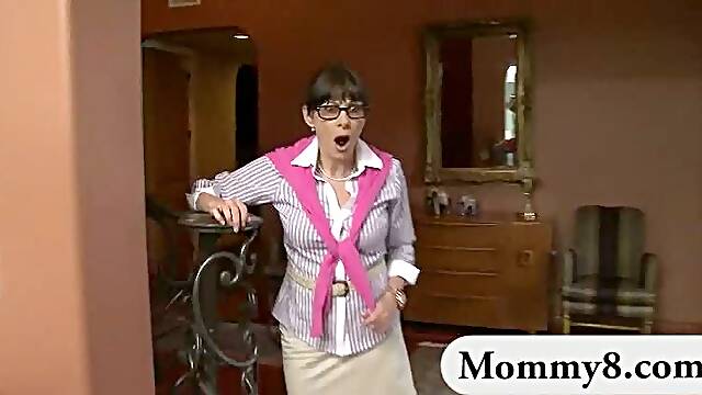 Mature stepmom catches a teen couple having sex in her house