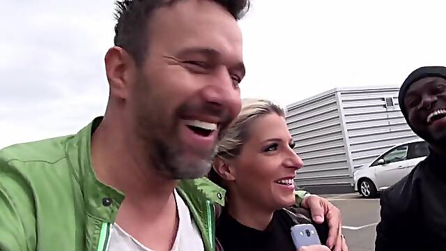 Breathtaking tattooed golden-haired screwed outdoor by a large ebony knob