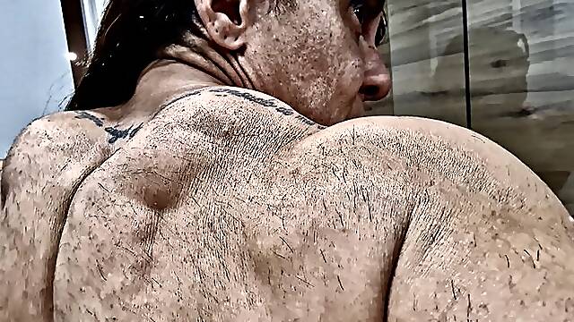 HAIRY BACK AND ARMS again in the bathroom big clit solo female GETTTING RIPPED AND ROIDED