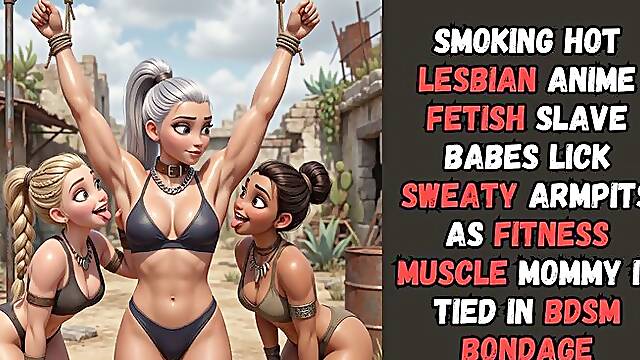 Smoking hot lesbian anime fetish slave babes lick sweaty armpits of captive as fitness muscle mommy mistress is tied in BDSM bondage