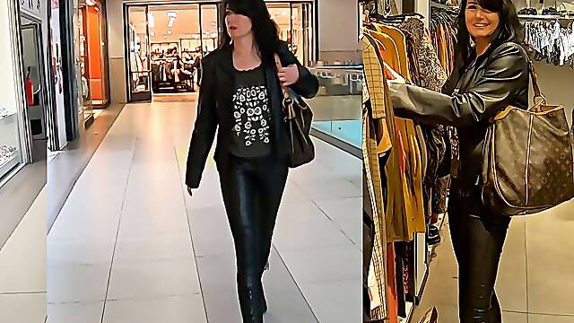 Leather slut fucks in the middle of the department store. Extreme cum eating
