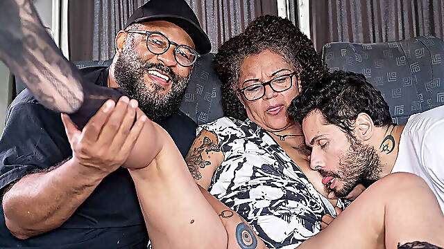 Curvy Granny Threesome Fucked in a Moving Van